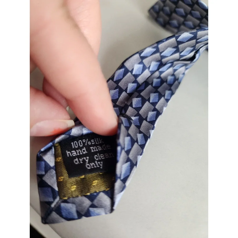 Stonehenge Mens Blue Grey Geometric Diamond Pattern 100% Silk Handmade Necktie